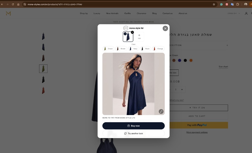 The Yooo try-on widget live on MONA Moda's production storefront